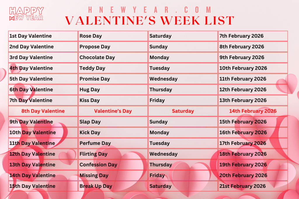 Valentine's Week List Dates Schedule February Days List